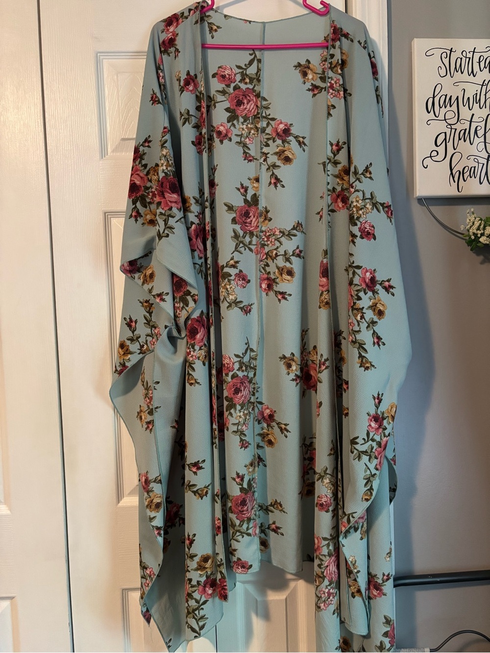 Light Blue Floral Wrap Kimono with Pink Rose Print